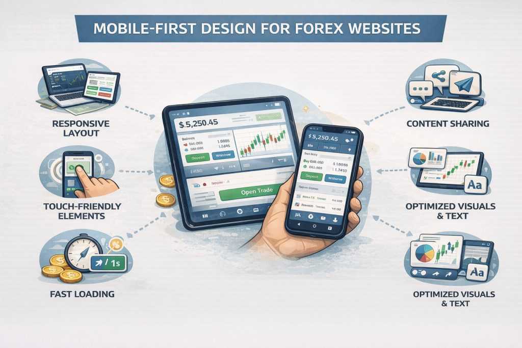 Infographic showing mobile-first design principles for a forex trading website.