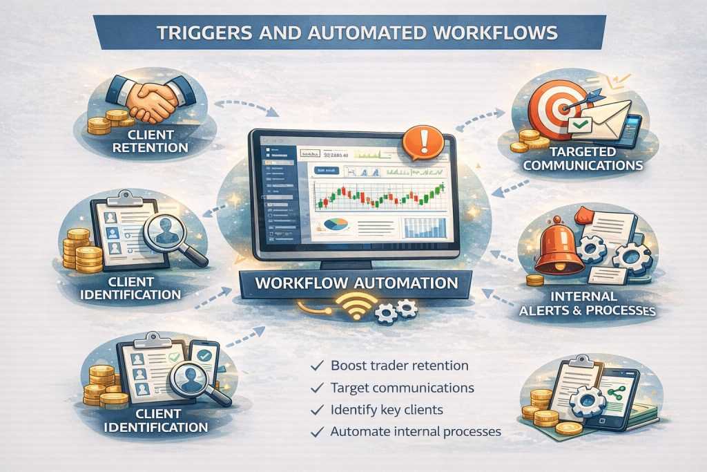 Visual diagram showing automated triggers and workflows in a forex broker CRM