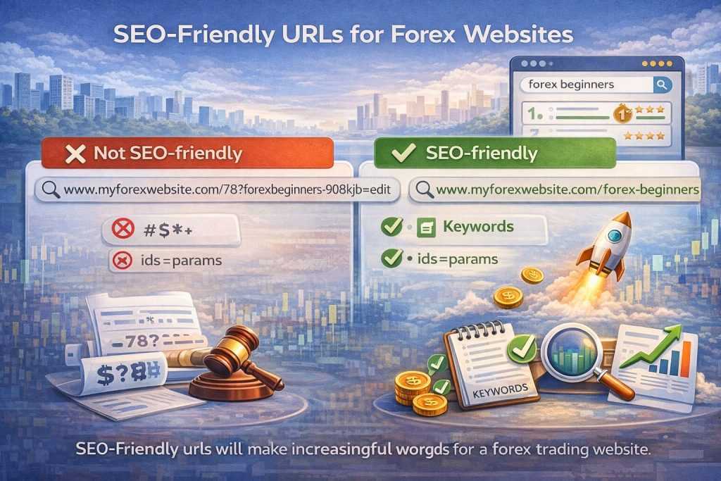 Visual comparison of clean and messy URL structures for a forex website, highlighting SEO-friendly URLs.
