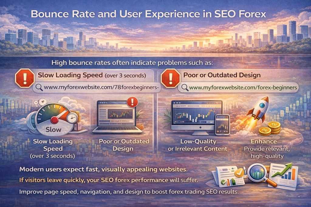 Infographic showing how bounce rate and user experience affect SEO performance on forex websites.