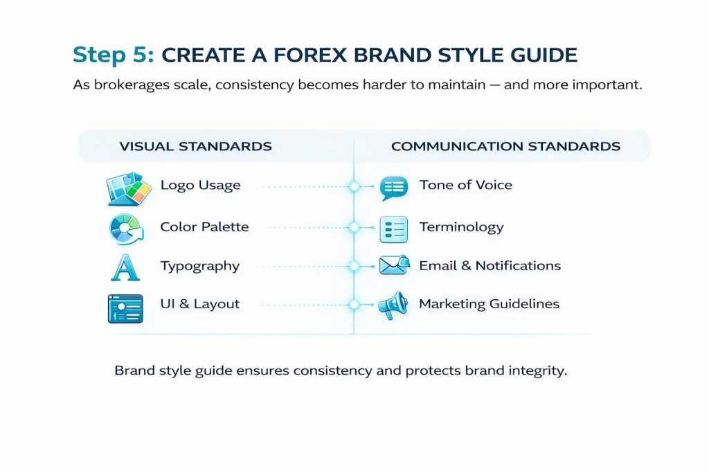 Infographic explaining a forex brand style guide, showing visual standards and communication standards needed to maintain brand consistency as a brokerage scales