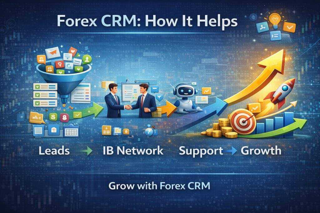 Visual infographic showing how Forex CRM works: leads flow through IB network and support to business growth.