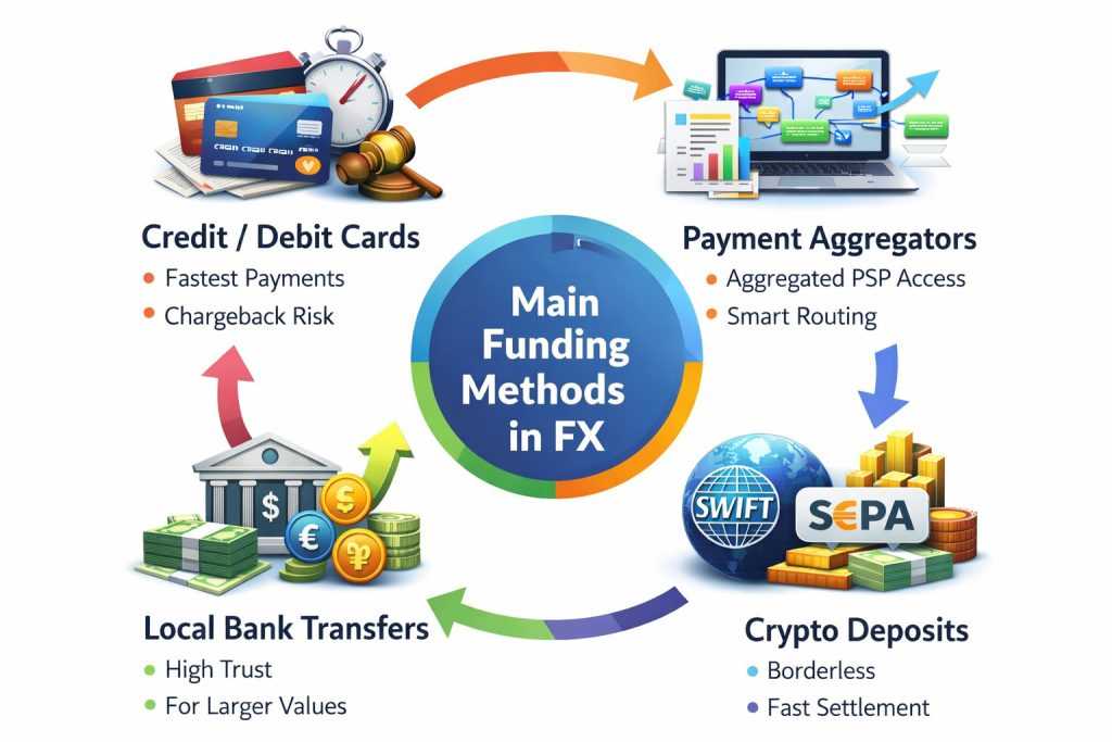 Infographic showing main FX funding methods: credit and debit cards, payment aggregators, local bank transfers, SWIFT/SEPA, and crypto deposits.