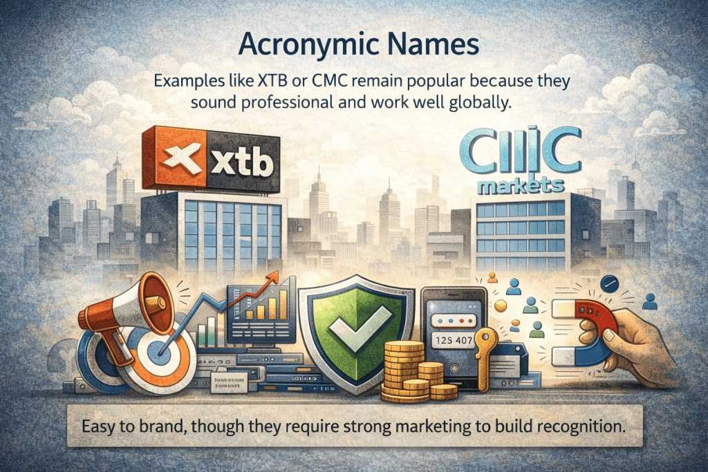 Illustration showing acronymic brand names like XTB and CMC with marketing and branding symbols.