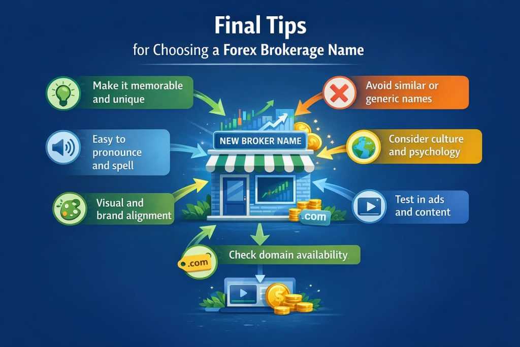Infographic with practical tips for choosing a strong and memorable forex brokerage name