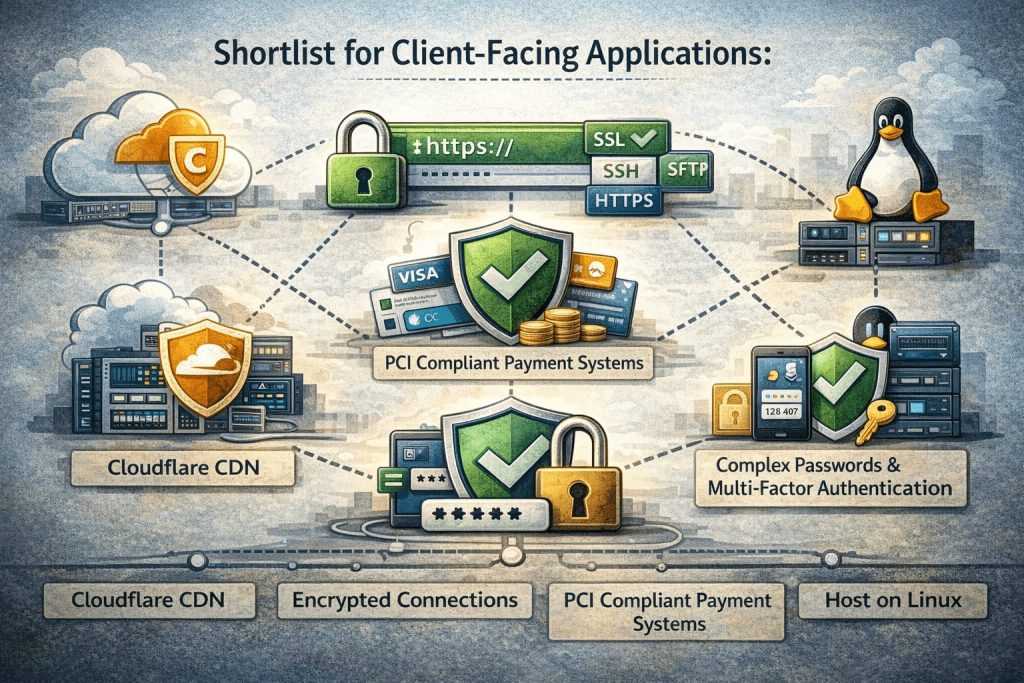 Illustration of key security practices for client-facing applications, including CDN, encryption, PCI compliance, MFA, and Linux hosting.
