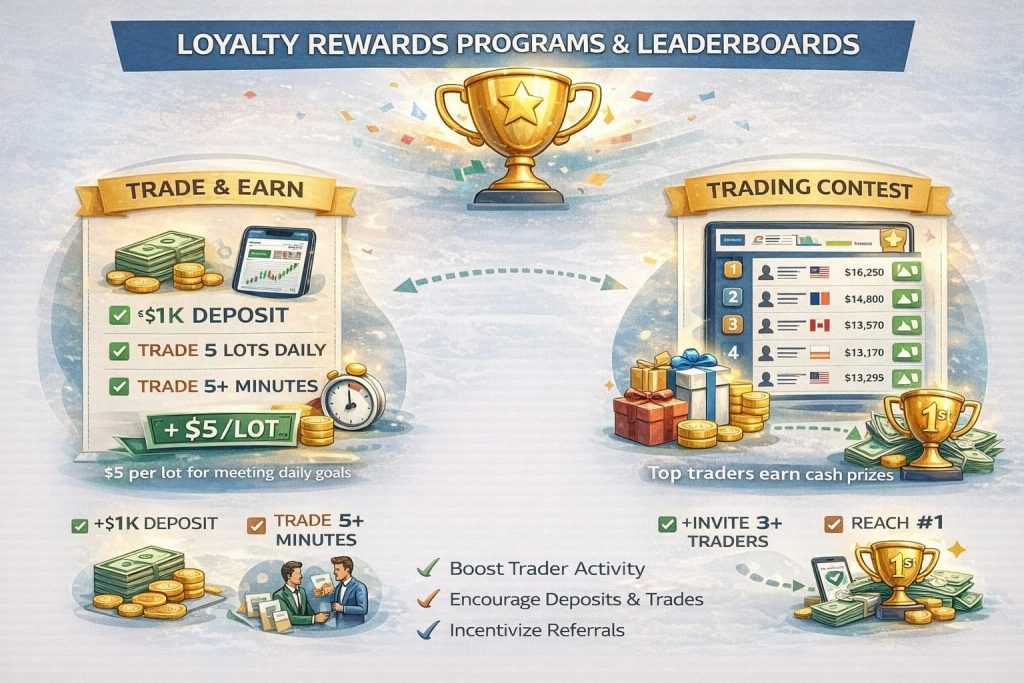 Infographic showing loyalty rewards programs and trading leaderboards for forex traders.