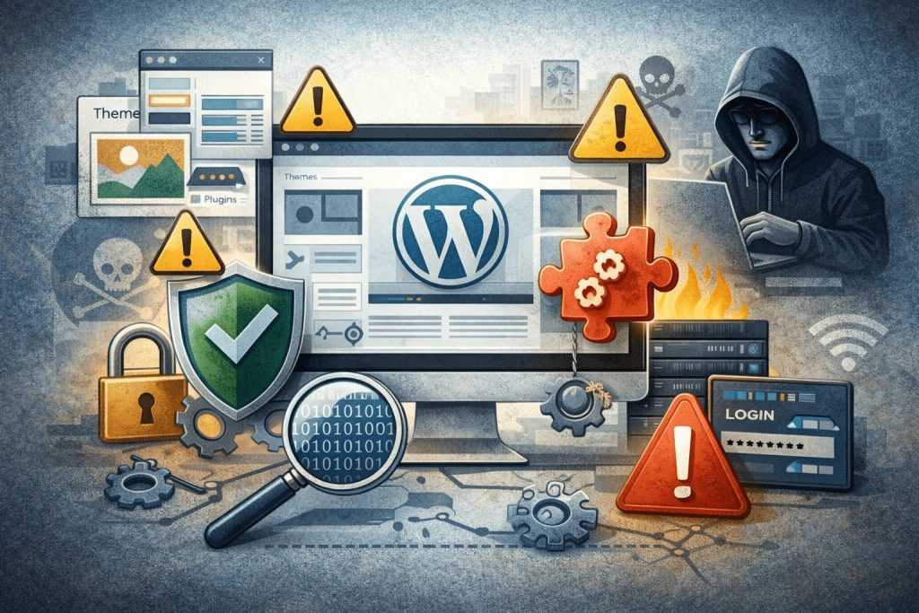Illustration showing WordPress website security risks, highlighting vulnerable plugins and themes, hacker threats, warning symbols, and protective elements such as shields, locks, and penetration testing tools.