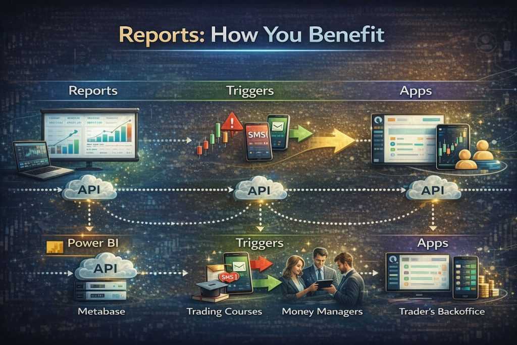 Horizontal infographic showing Forex reports, API data, triggers, and apps workflow.
