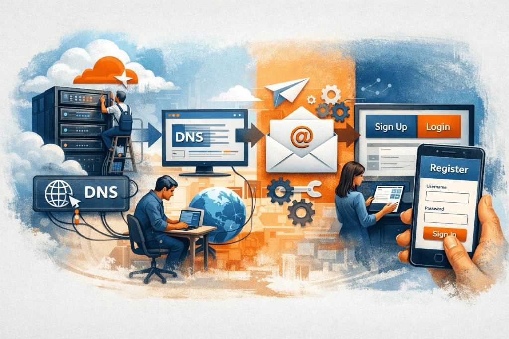 An illustration showing the step-by-step website setup process: Cloudflare implementation and DNS pointing, email and workflow setup, and the final step of adding registration forms and login links on the website and mobile app.