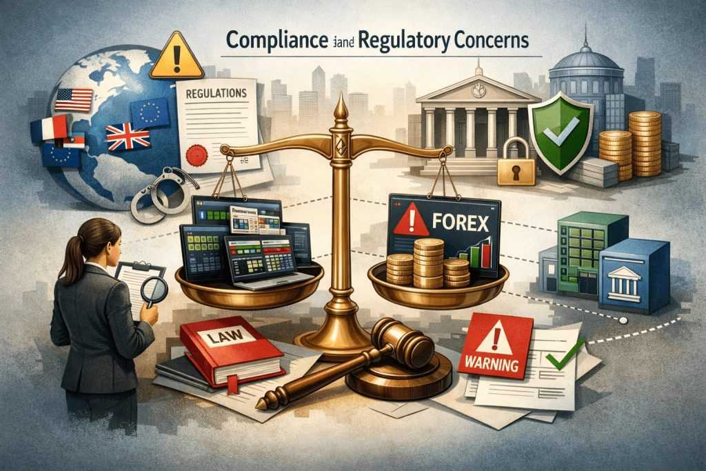 Illustration showing forex compliance and regulatory risks: scales balancing trading platforms and liquidity, regulatory documents, a compliance officer reviewing details, and warning symbols.