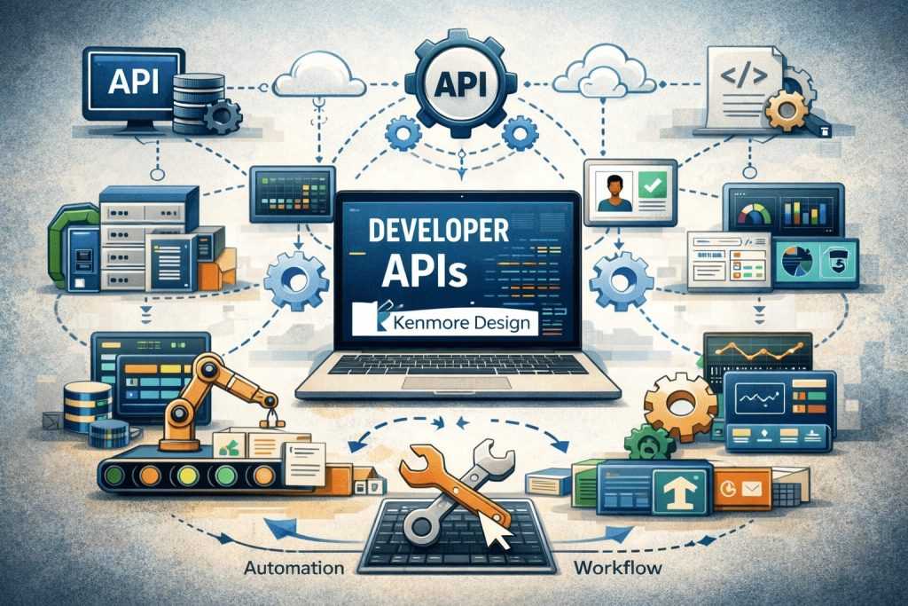 Illustration of Kenmore Design developer APIs showing system integrations, cloud connections, workflow automation, trading dashboards, servers, and development tools centered around a laptop displaying 'Developer APIs'.