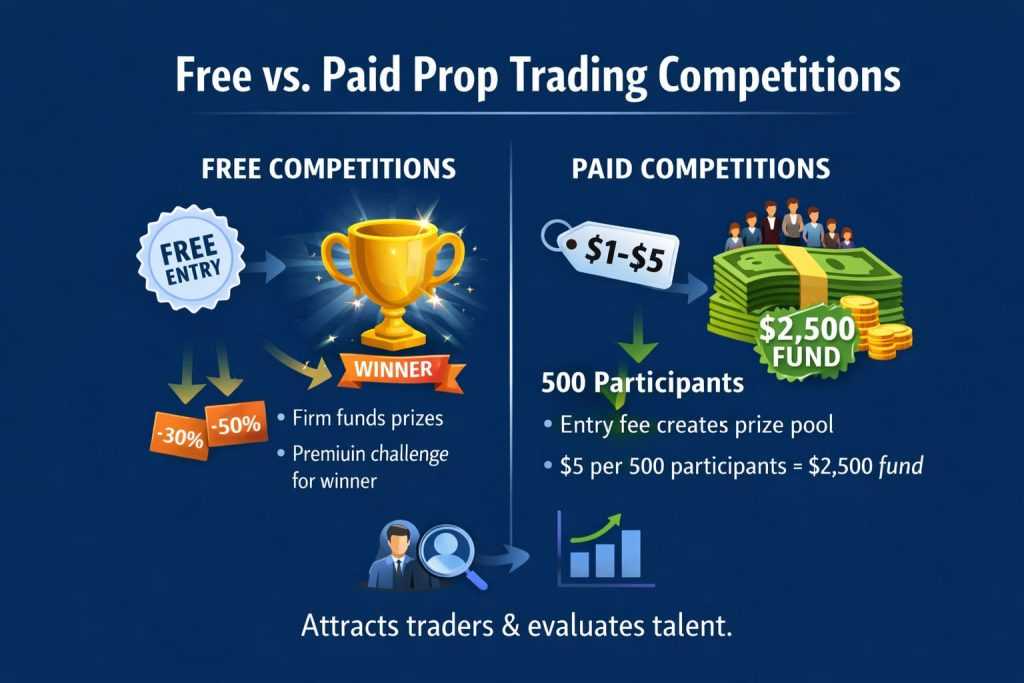Infographic comparing free and paid prop trading competitions, showing entry fees, prize pools, and how each model attracts traders
