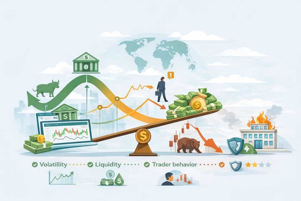 Illustration showing how economic cycles influence prop trading firms through changes in volatility, liquidity, and trader behavior