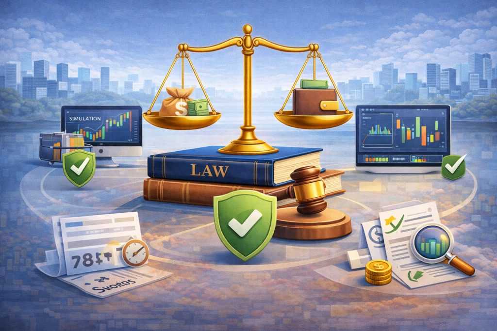 Visual illustration showing the legality of prop firms through symbols of simulated trading, transparency, compliance, and absence of client funds.