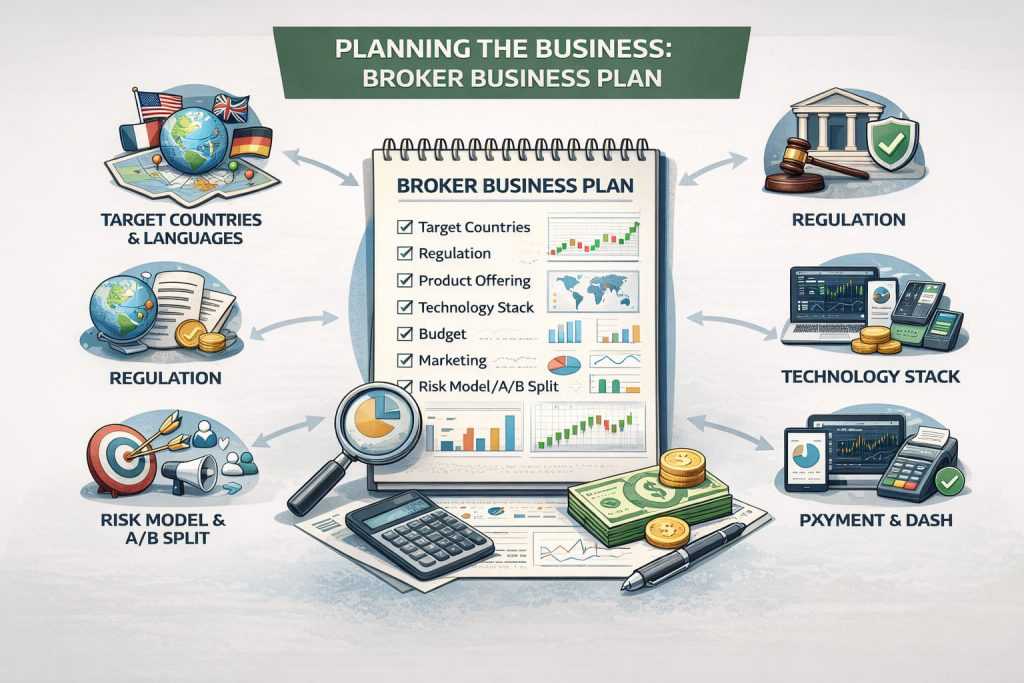 Infographic showing the key components of a forex broker business plan and operational strategy.