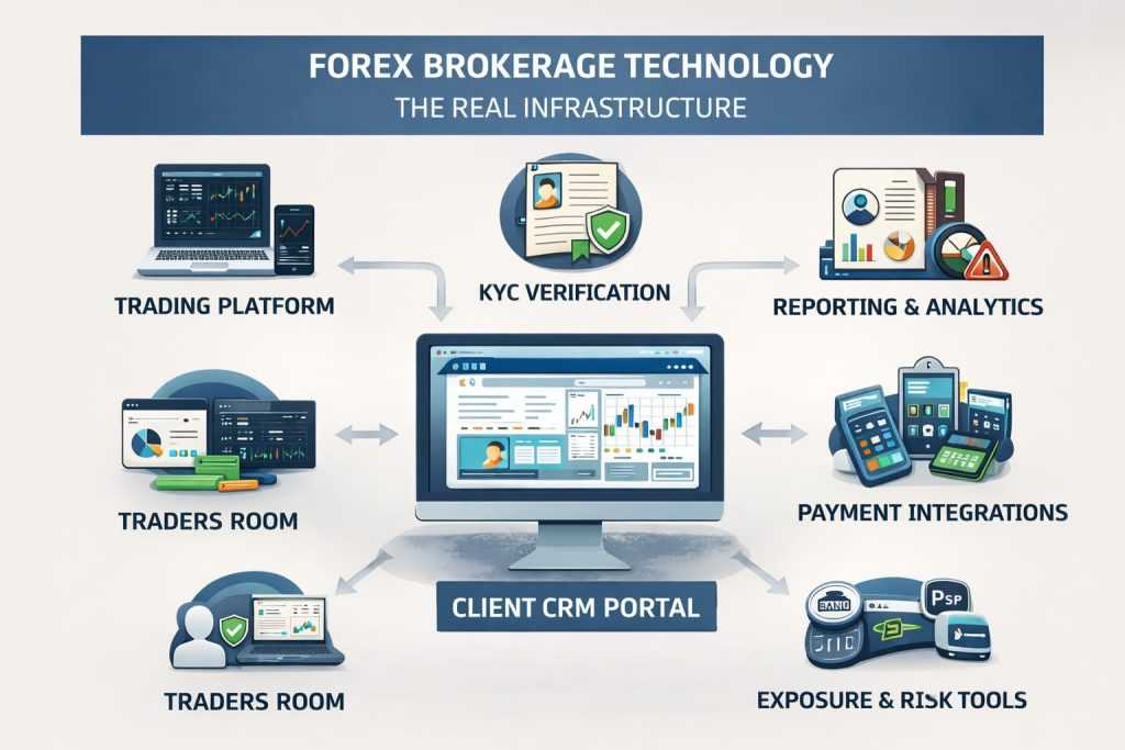 An infographic showing the core technology infrastructure of a forex brokerage, with a central CRM and client portal connecting trading platforms, KYC verification, payment integrations, reporting and analytics, traders’ room, and risk and exposure management tools.