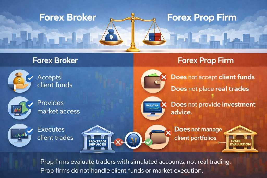 Infographic comparing forex brokers and prop firms, showing legal differences such as client funds, market execution, and simulated trading.