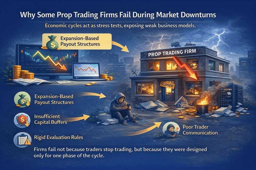 Infographic showing common reasons prop trading firms struggle or fail during market downturns