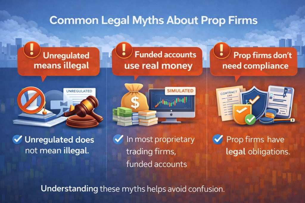 Visual infographic debunking common legal myths about prop firms, showing unregulated status, simulated funded accounts, and compliance obligations.