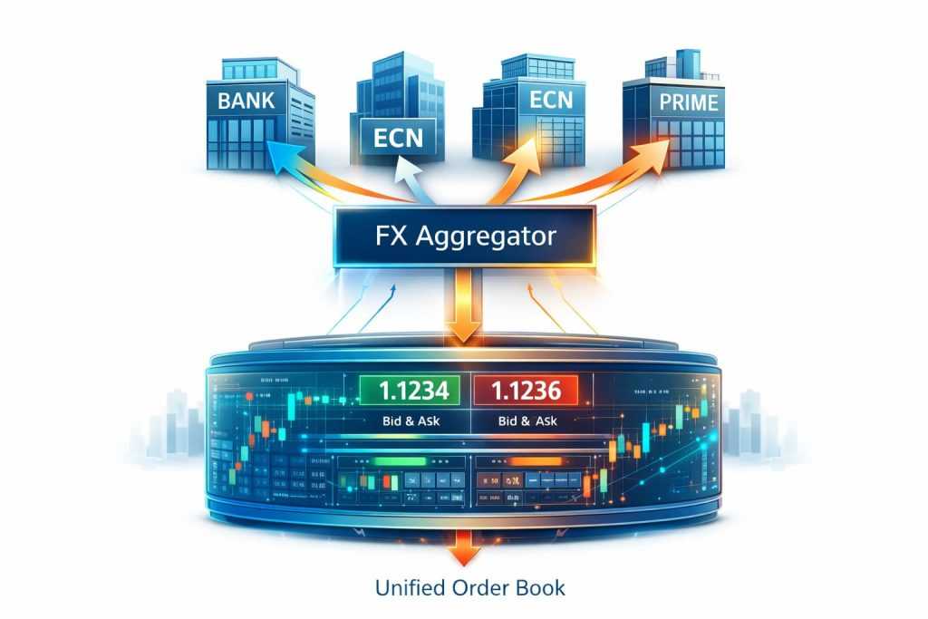 Forex aggregator diagram showing liquidity providers connected to a unified FX order book
