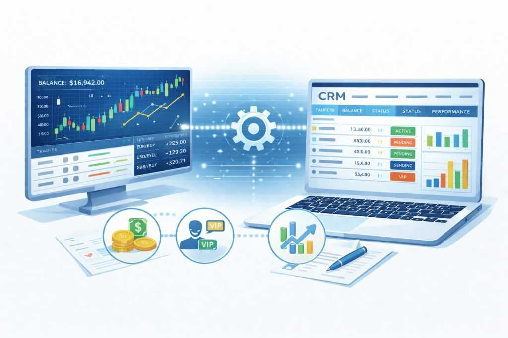 Forex CRM seamlessly integrated with trading platforms to sync balances, performance data, and trader status