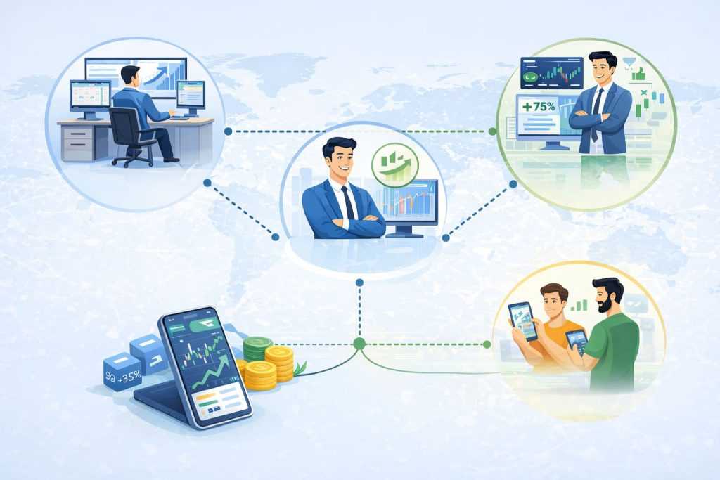 Diagram showing how a social trading platform connects brokers, traders, and investors