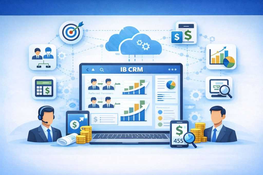 Text-free visual illustration of an IB CRM and tracking system showing a central dashboard connected to referral tracking, commission calculation, analytics, payout automation, and broker–IB relationships.