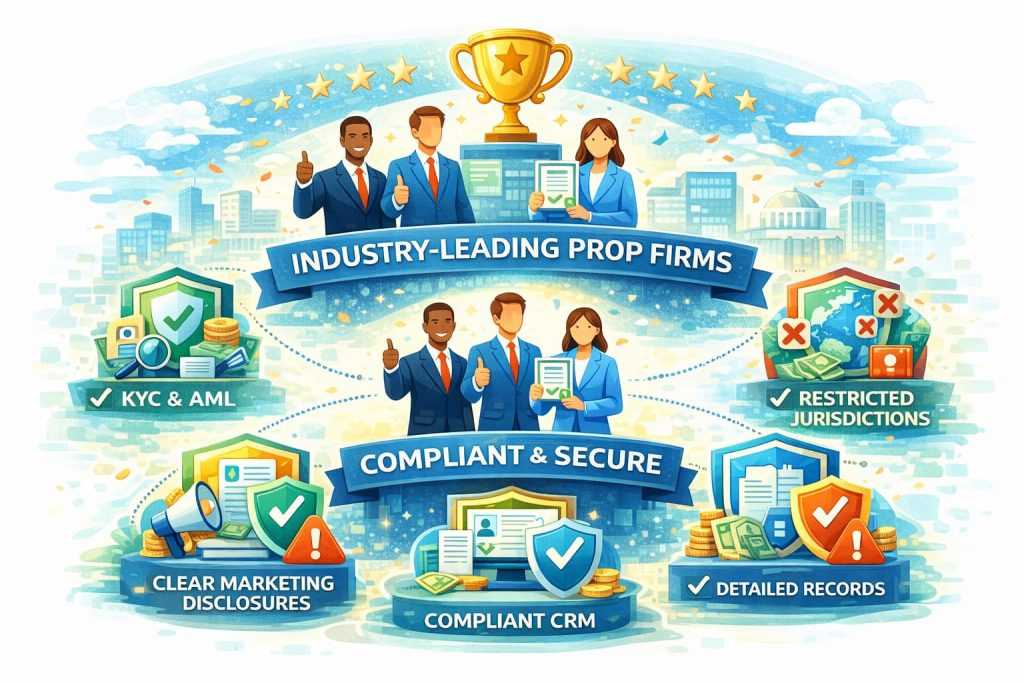 Illustration showing industry-leading proprietary trading firms using strong compliance practices, including KYC and AML, compliant CRM systems, restricted jurisdictions, clear marketing disclosures, and detailed records as a competitive advantage