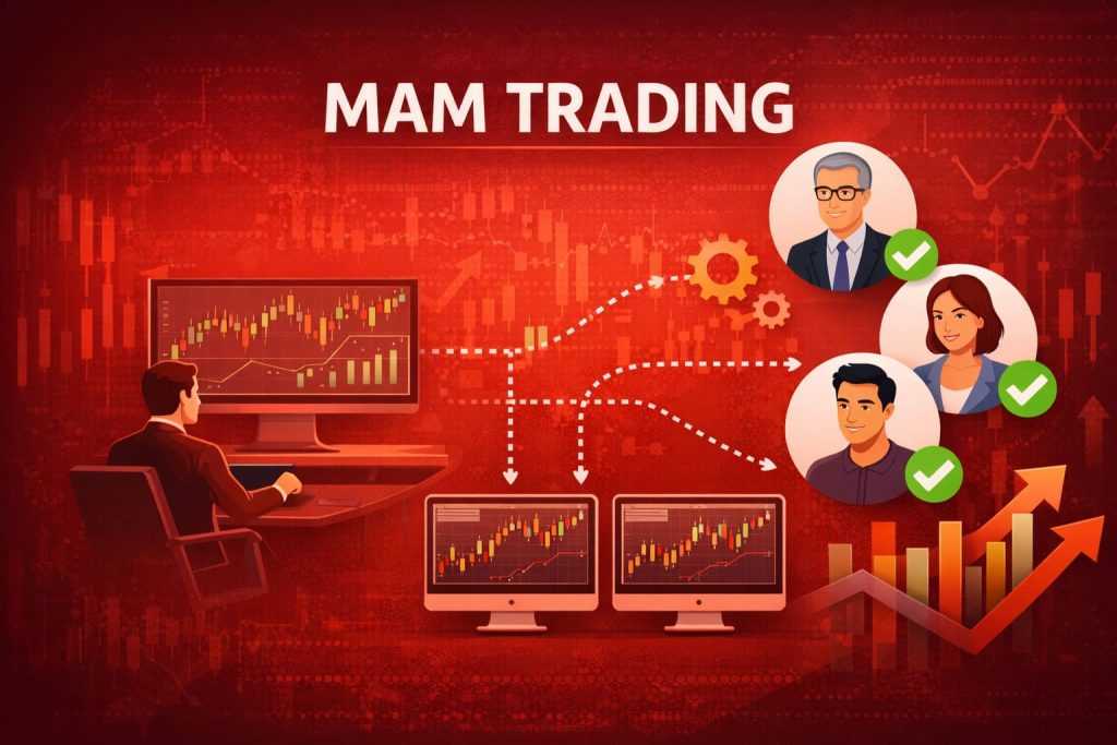 Illustration explaining MAM trading with a money manager executing trades across multiple separate investor accounts