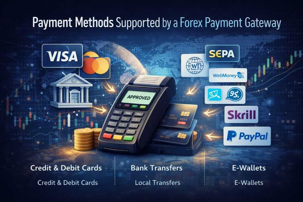 Payment methods supported by a forex payment gateway including cards, bank transfers, and e-wallets