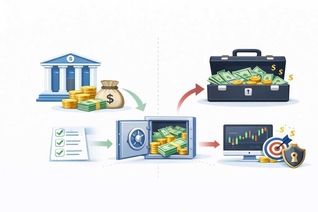 Visual comparison of client funds held by a forex broker and firm capital used by a prop firm