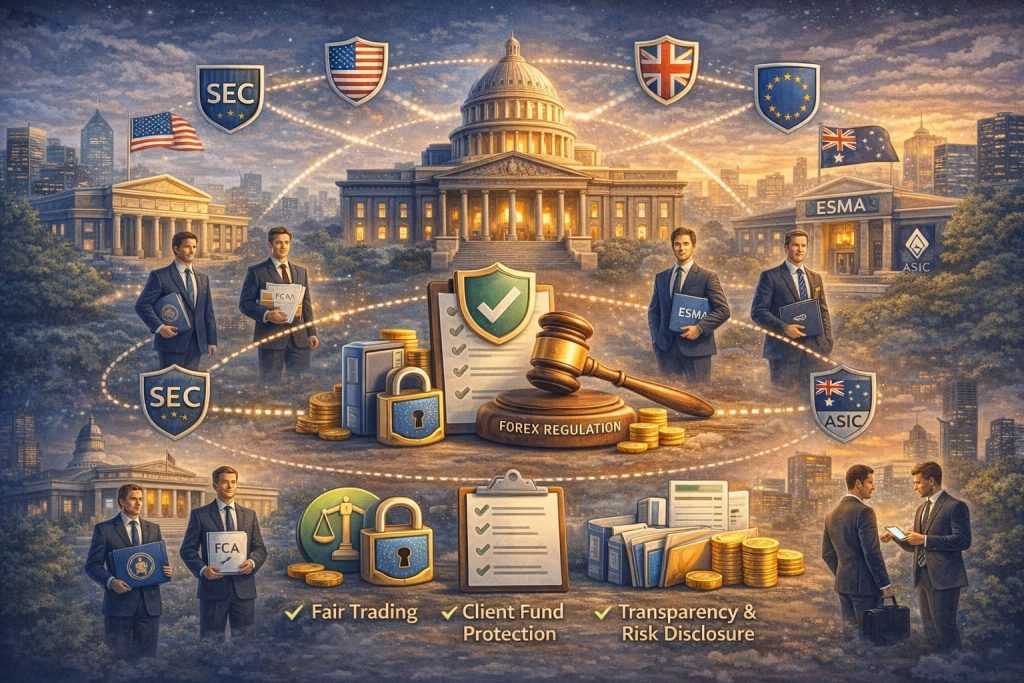 Illustration showing how the forex market is regulated by national financial authorities despite having no central owner.