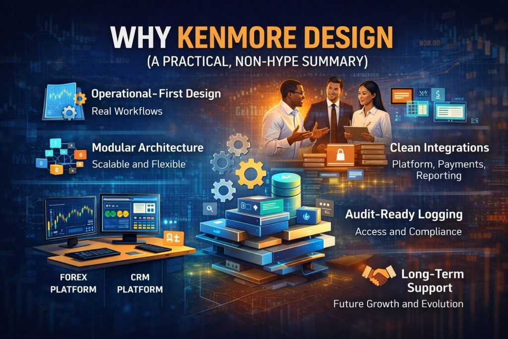 Illustration explaining why Kenmore Design is chosen for forex back office software and CRM trading platforms, highlighting operational-first design, modular architecture, clean integrations, audit-ready logging, and long-term support
