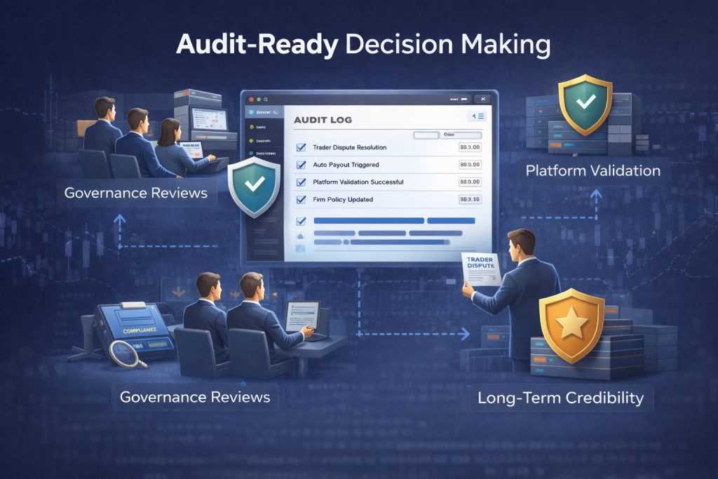 Audit-ready decision making in prop trading firms supporting governance, dispute resolution, and long-term credibility