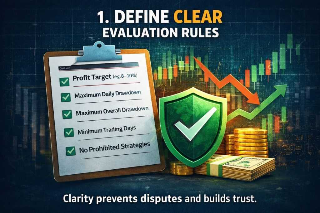 Define clear evaluation rules for a free funded account challenge including profit target, drawdown limits, and trading requirements.