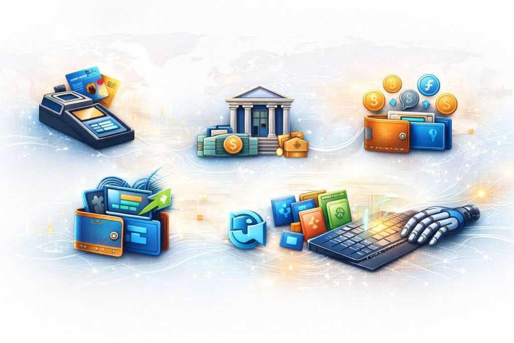 Forex broker payment gateway and financial automation illustration with cards, bank transfers, e-wallets and cryptocurrency payments