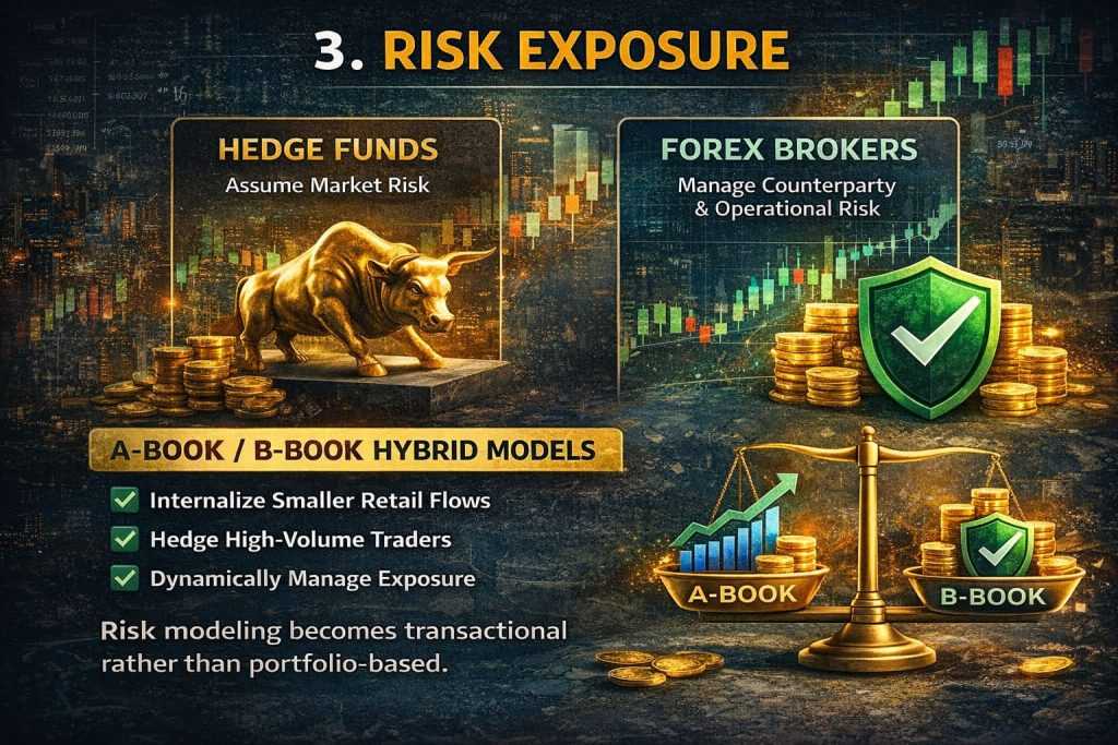 Risk exposure comparison between hedge funds and forex brokers with A-book and B-book hybrid model for managing trading exposure.