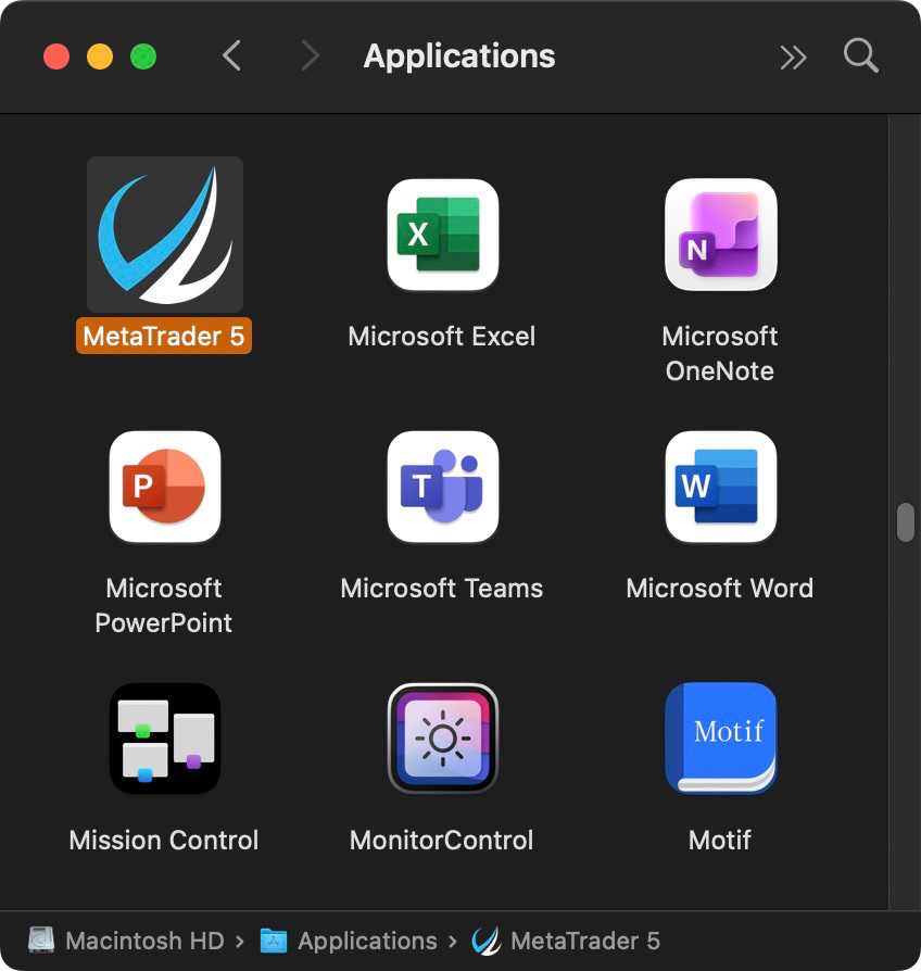 MT5 installed on Mac Applications folder
