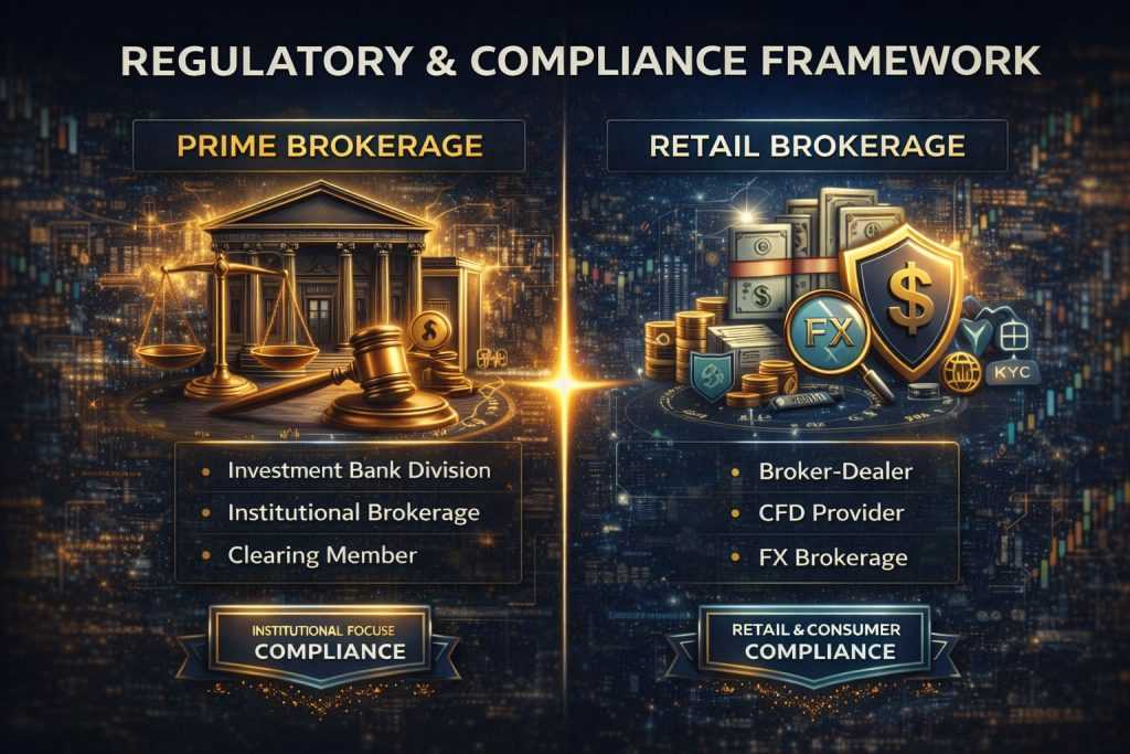 Regulatory and compliance framework comparison between prime brokerage and retail brokerage including broker-dealer regulation, CFD provider rules, and institutional compliance structure.