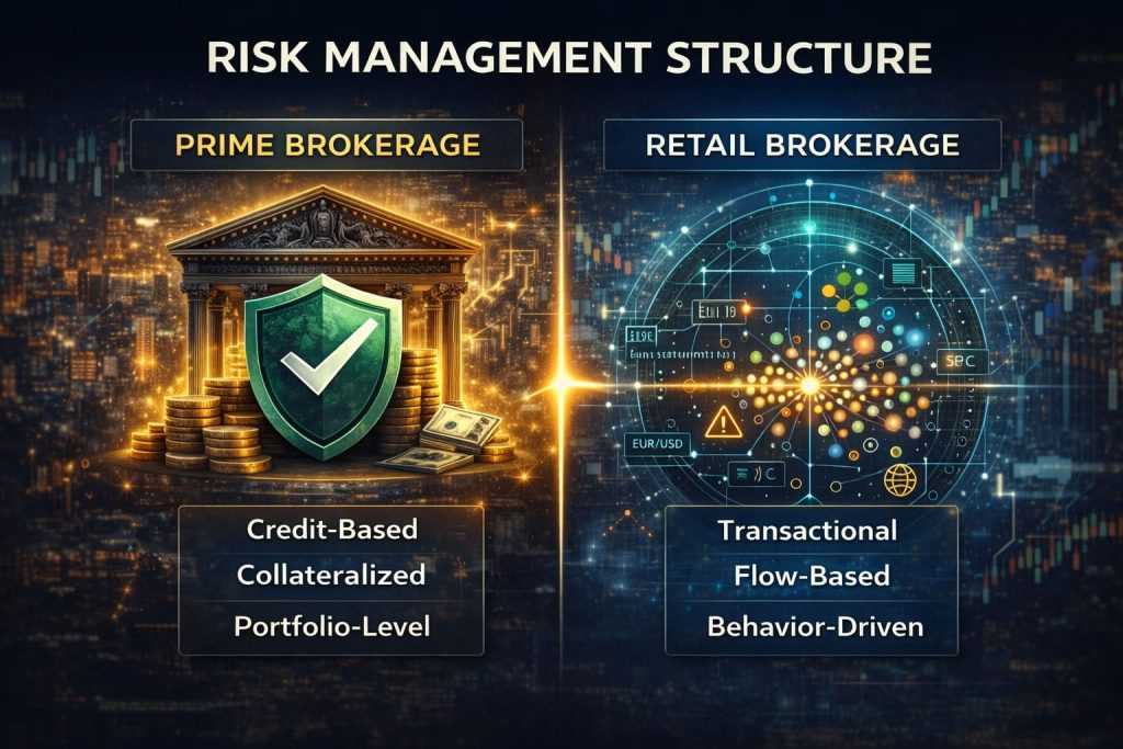 Risk management structure comparison between prime brokerage and retail brokerage showing credit-based portfolio risk versus transactional flow-based algorithmic risk.