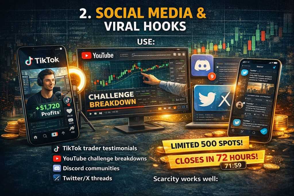 Social media and viral marketing strategy for free funded account challenge using TikTok, YouTube, Discord, and Twitter with scarcity promotion.