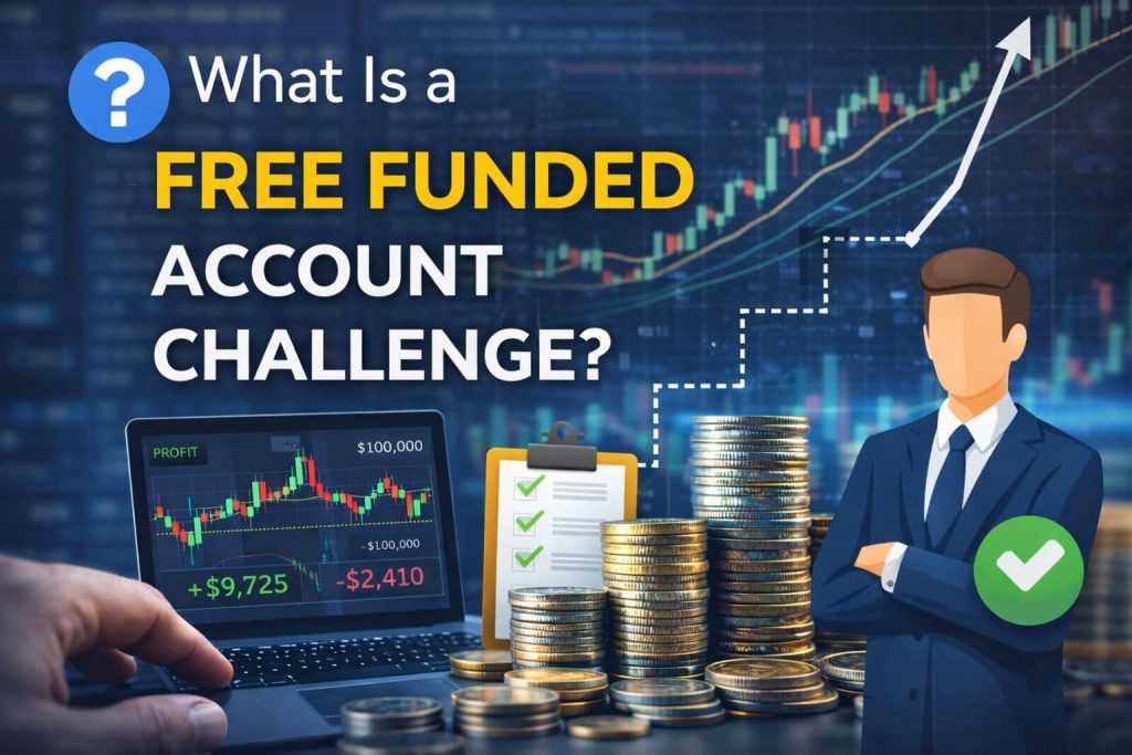 What is a free funded account challenge concept with trading chart, profit growth and funded trader approval