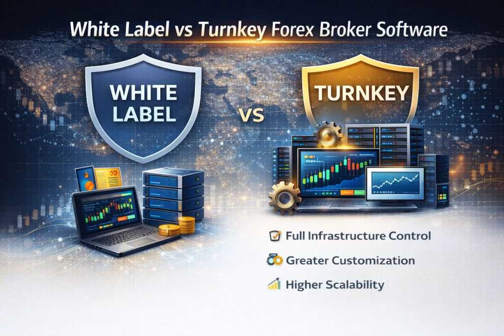 White label vs turnkey forex broker software comparison showing infrastructure control, customization and scalability differences