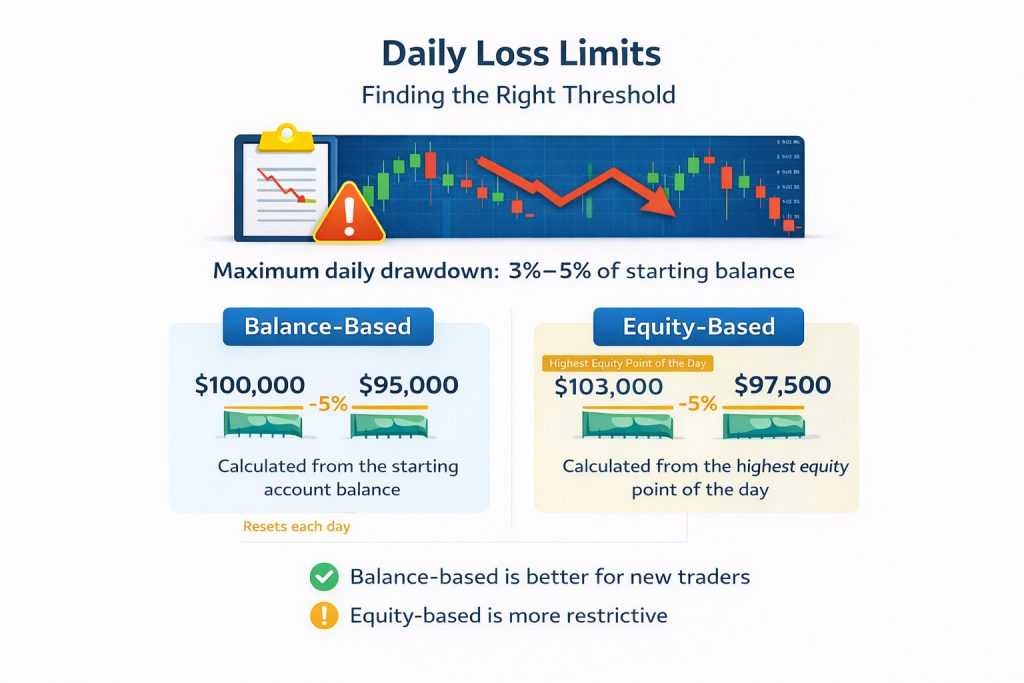 Infographic explaining daily loss limits in trading, comparing balance-based and equity-based drawdown calculations with examples and a 3–5% threshold.