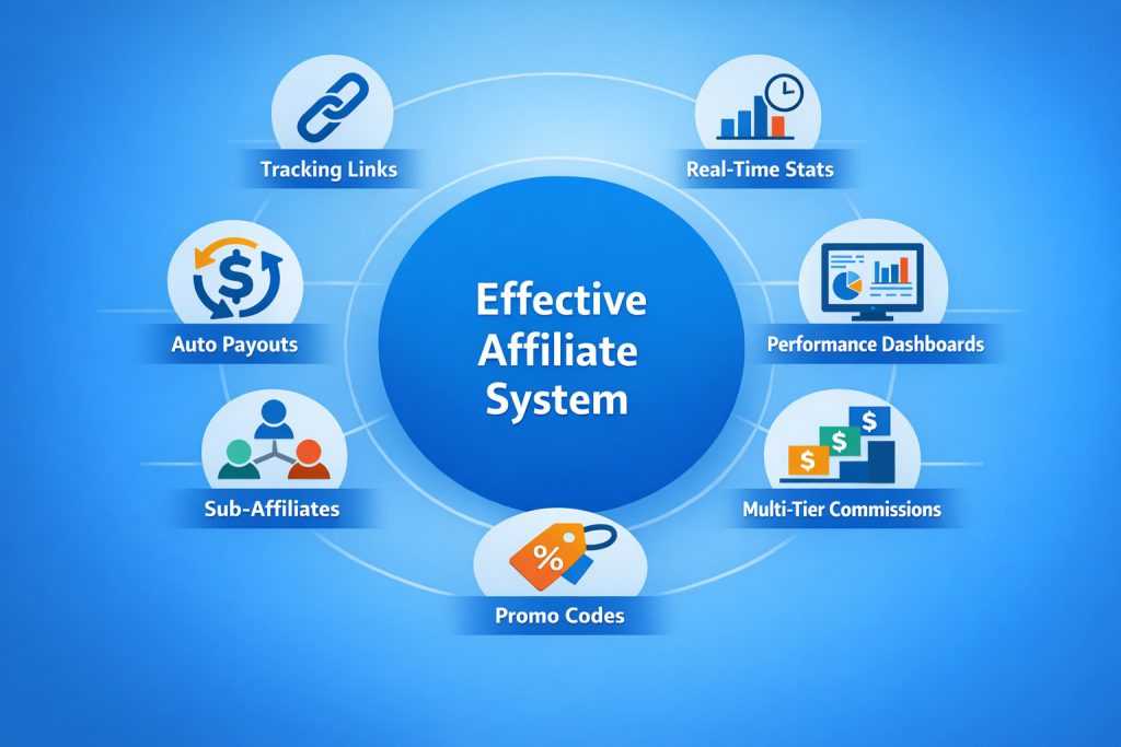 Infographic showing an effective affiliate system with tracking links, real-time stats, automated payouts, performance dashboards, sub-affiliates, multi-tier commissions, and promo codes.