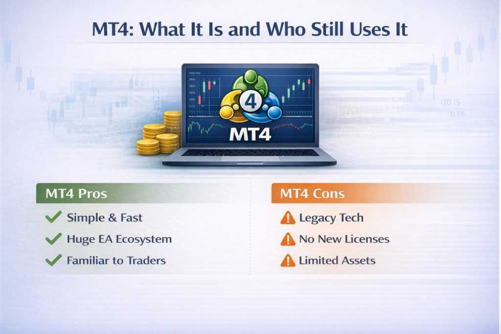 MT4 trading platform overview showing key pros and cons including simplicity, large EA ecosystem, and limitations for modern forex brokers.