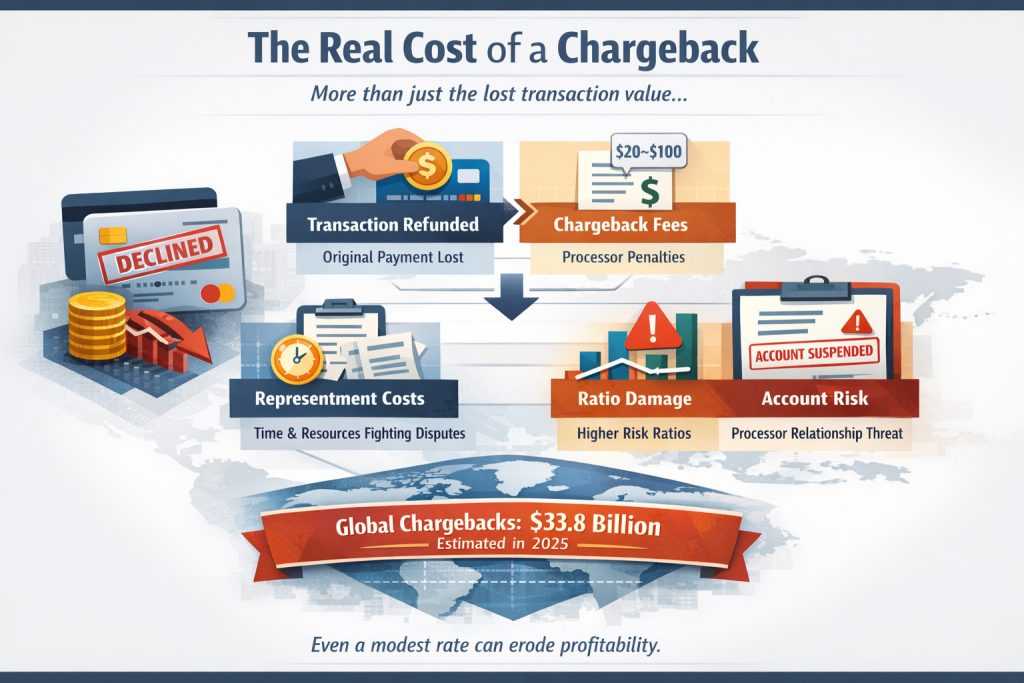 Infographic explaining the real cost of a chargeback including transaction refunds, processor fees, dispute handling costs, risk ratios, and account suspension risk.