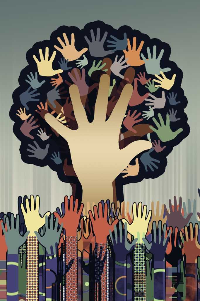 Illustration of diverse raised hands forming a tree, symbolizing community, unity, and collective participation.