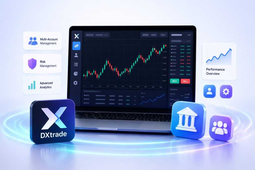 DXtrade trading platform interface showing multi-account management, risk management tools, advanced analytics, and performance overview for brokers and prop firms